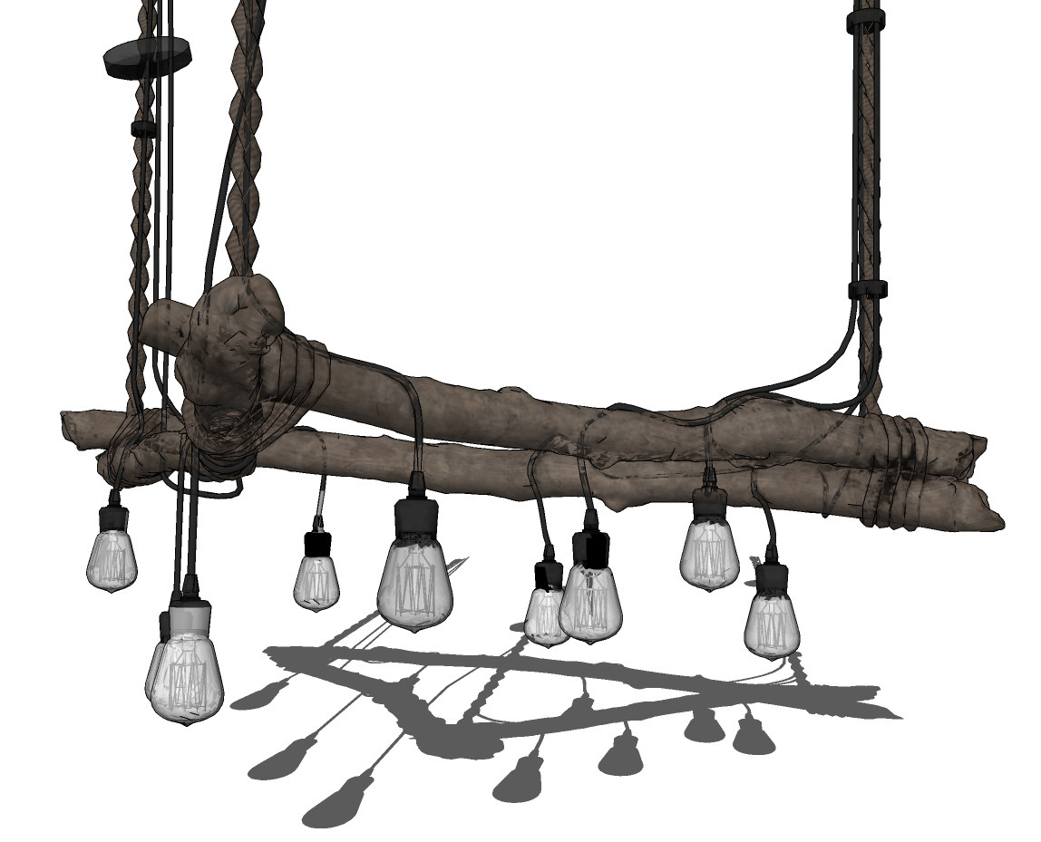 工业loft树枝，麻绳灯泡吊灯su草图模型下载