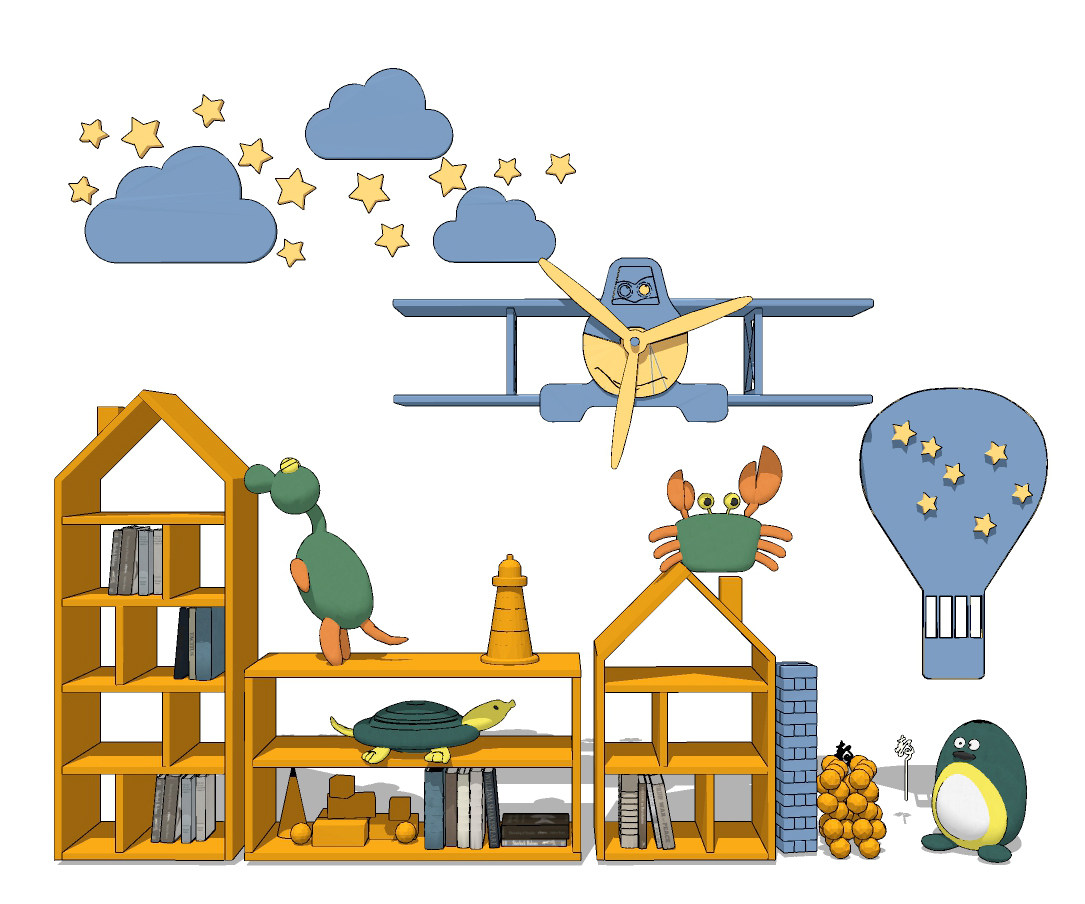 现代儿童玩具柜，书柜，飞机热气球墙饰su草图模型下载