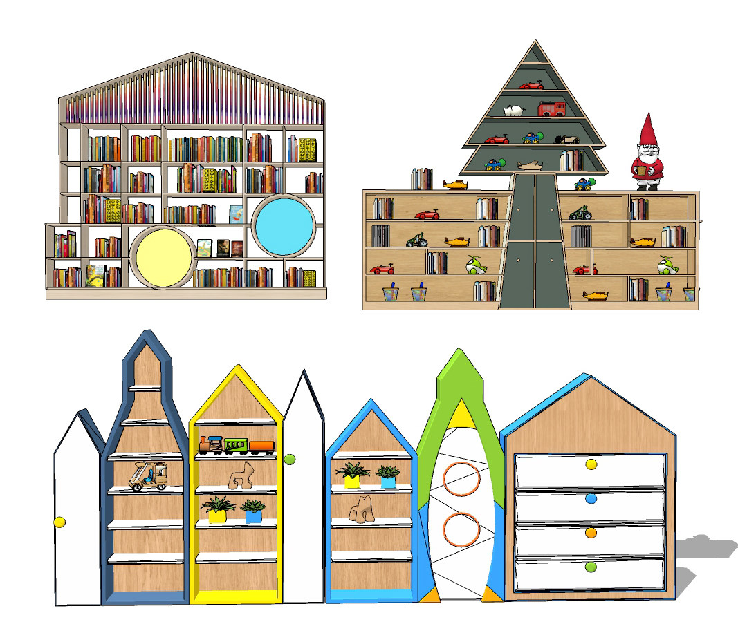 现代儿童卡通造型书柜，玩具柜su草图模型下载