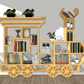现代火车造型儿童书柜，书架su草图模型下载