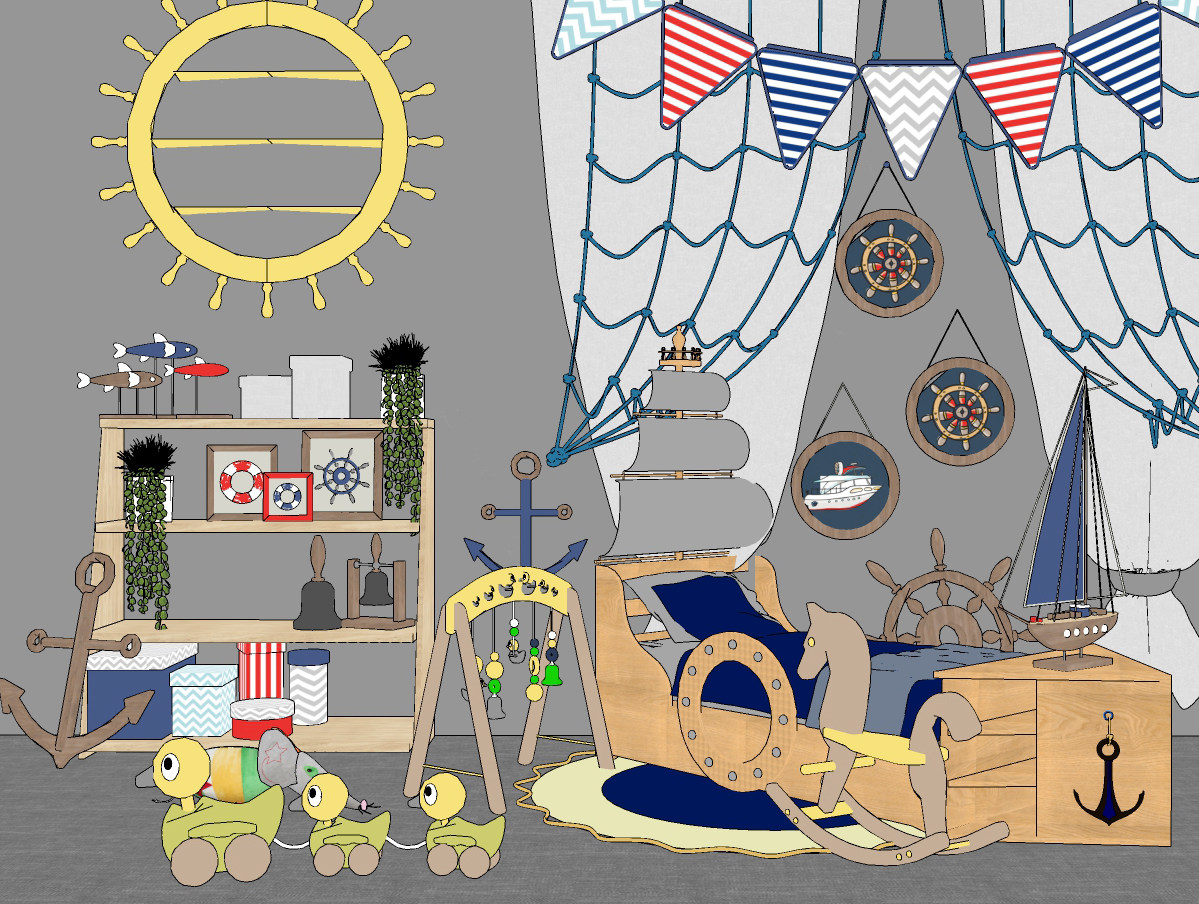 地中海儿童房玩具卡通柜，小黄鸭玩具柜，渔网，床墙饰挂饰帆船su草图模型下载