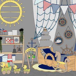 地中海儿童房玩具卡通柜，小黄鸭玩具柜，渔网，床墙饰挂饰帆船su草图模型下载