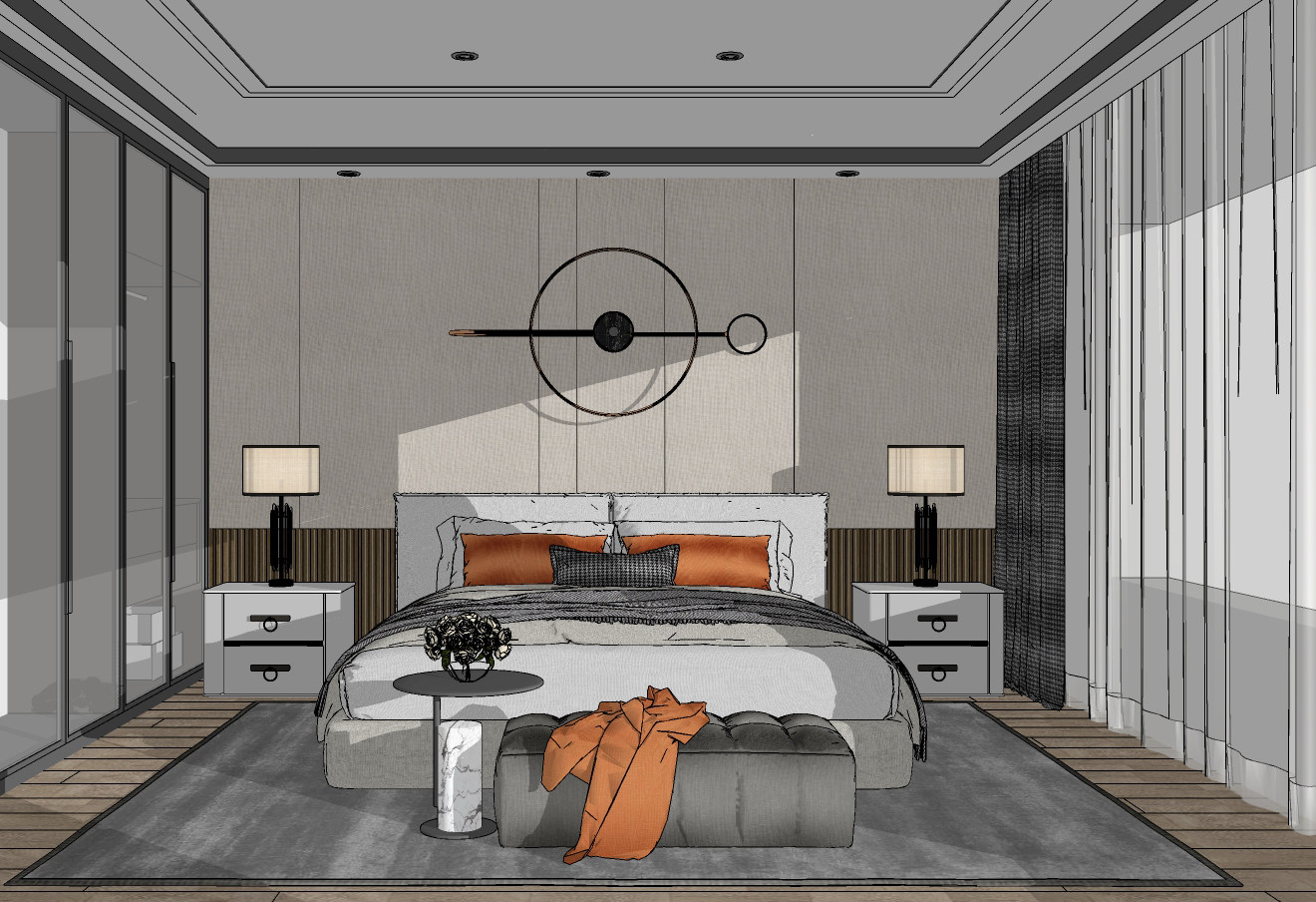 现代样板间卧室，双人床，su草图模型下载