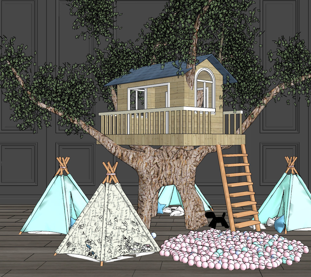 现代儿童树屋，帐篷玩具su草图模型下载