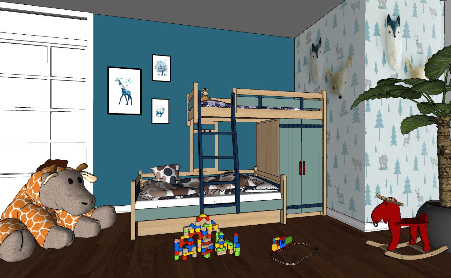 现代儿童房，上下铺儿童床，上下床su草图模型下载