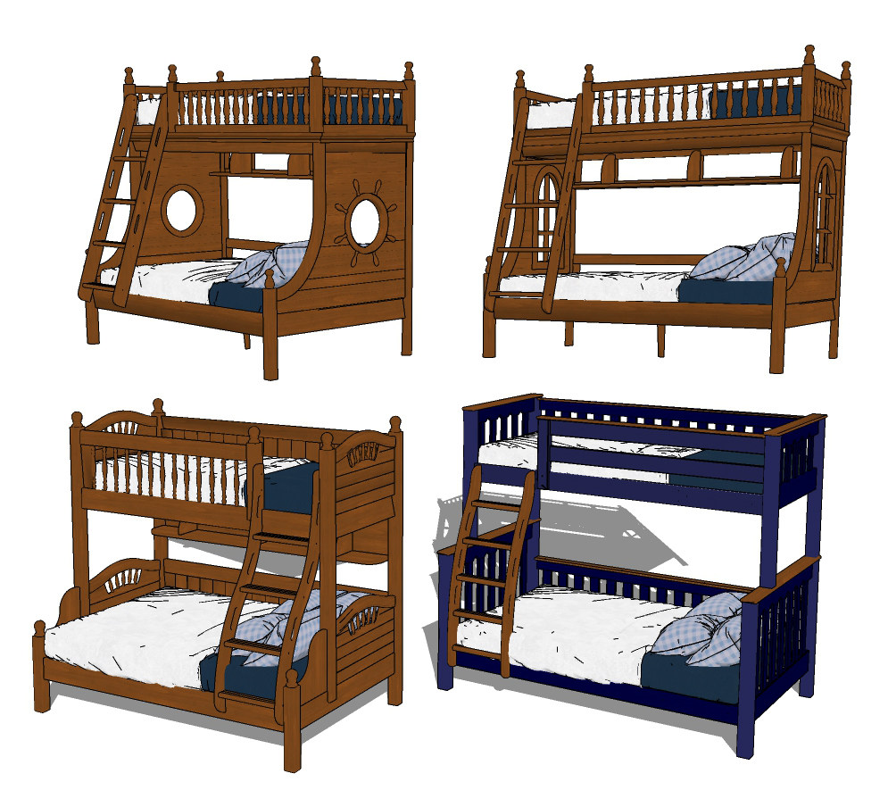 美式欧式实木上下床，上下铺，儿童床su草图模型下载