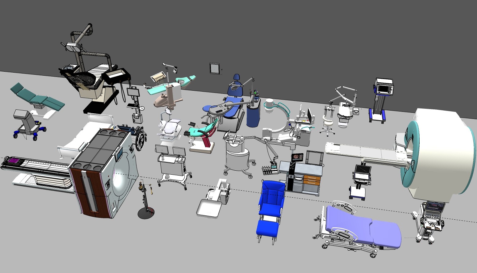 牙科诊所诊疗椅，ct,b超机，医疗器械，器材su草图模型下载