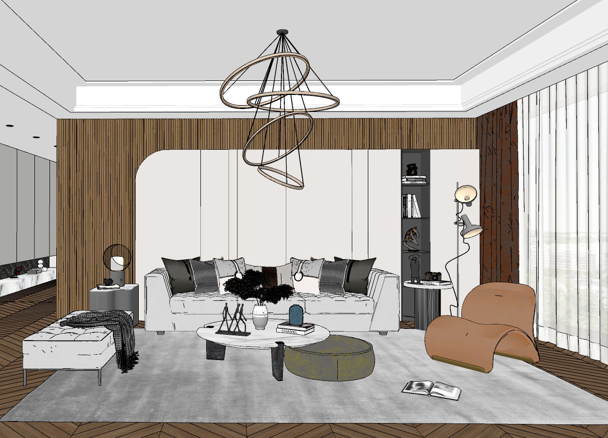 现代客厅，沙发单人沙发，沙发凳，茶几异形吊灯su草图模型下载
