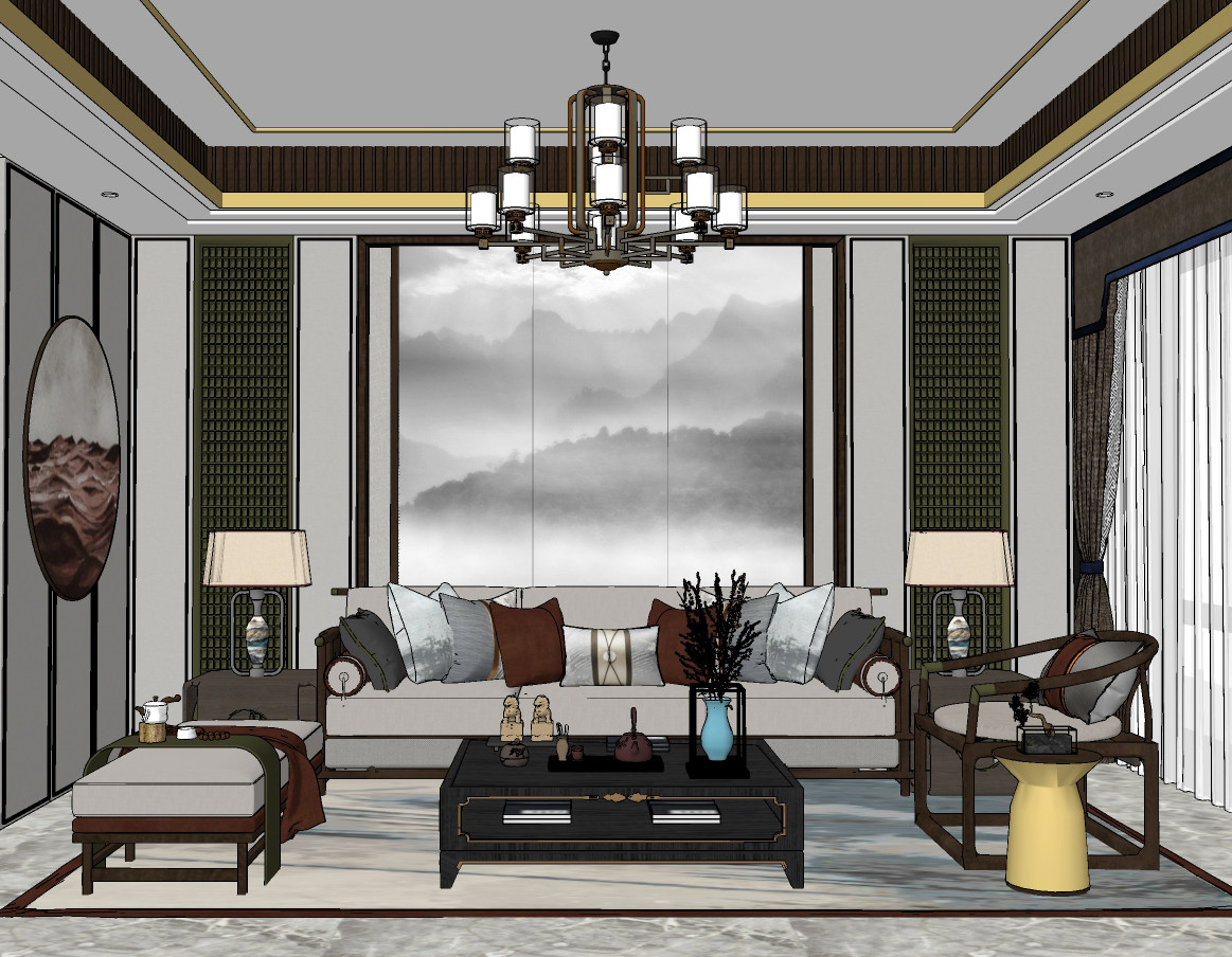 新中式风格家居客厅，沙发茶几单人椅子，沙发凳吊灯su草图模型下载