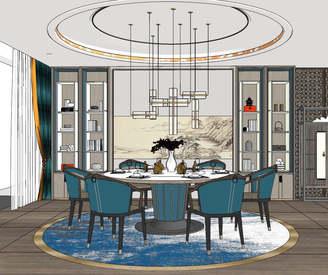 新中式圆形餐厅餐桌椅，书柜su草图模型下载