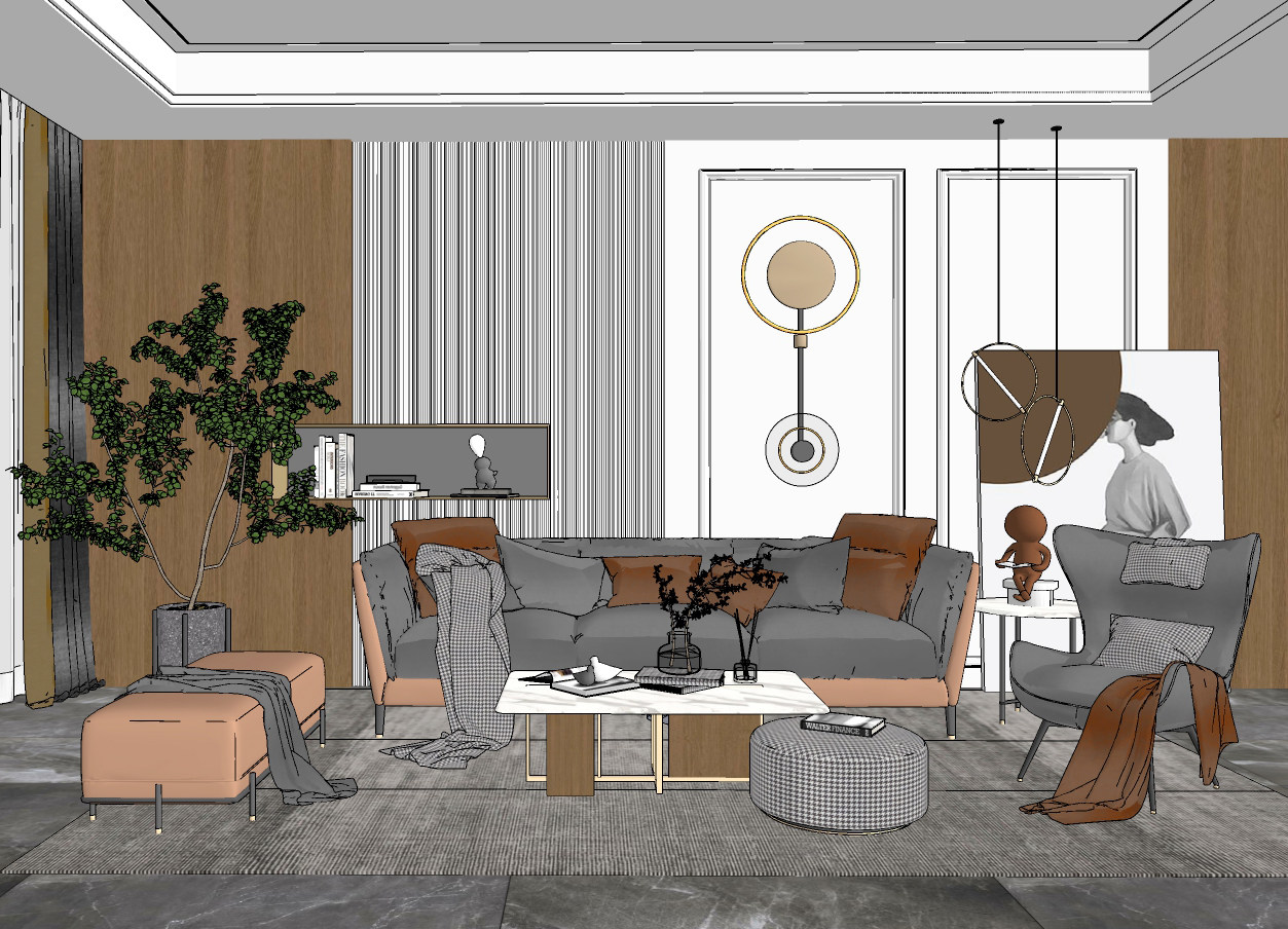 现代轻奢客厅沙发茶几植物盆栽，沙发凳su草图模型下载