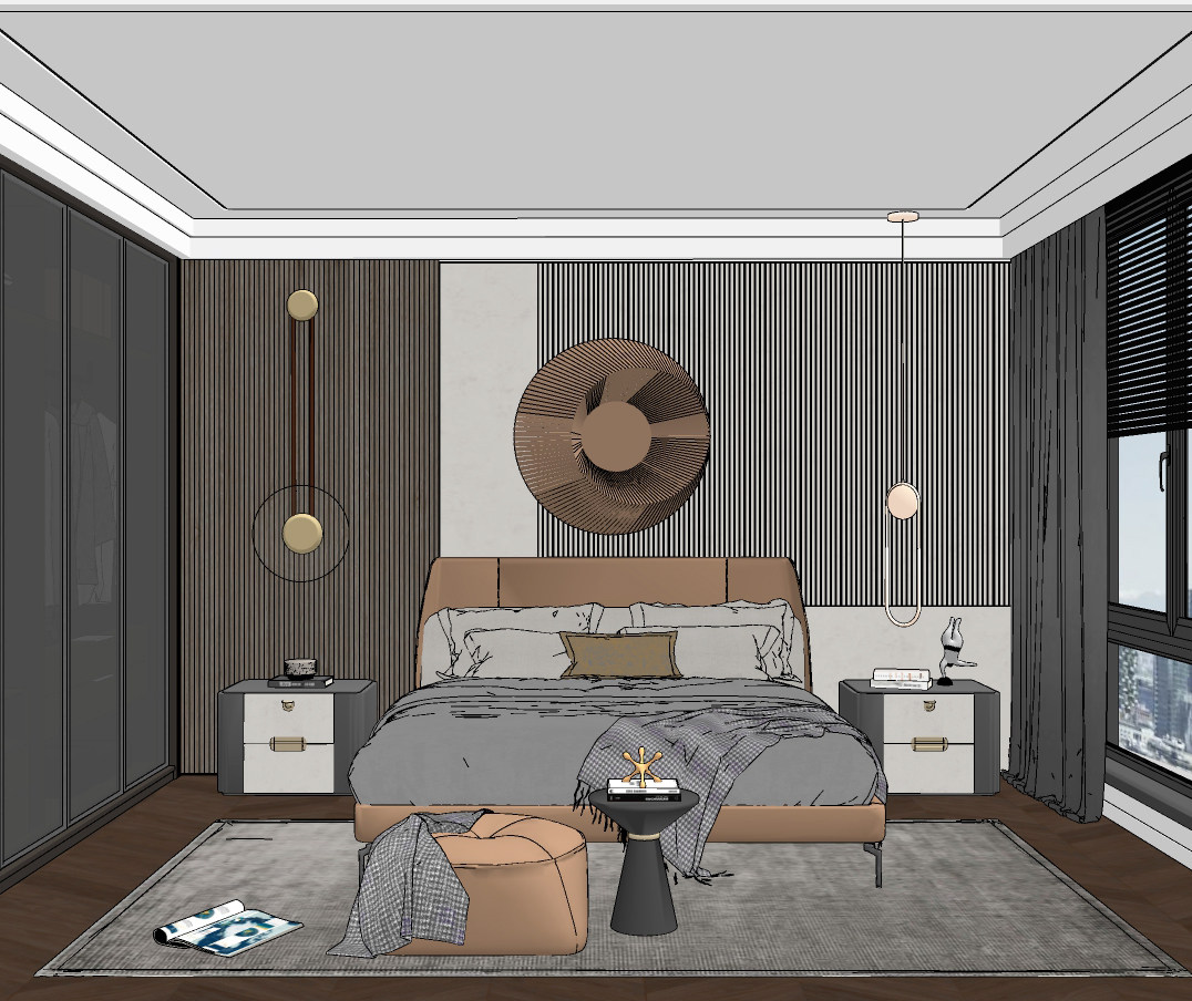 现代轻奢卧室双人床，床头柜su草图模型下载