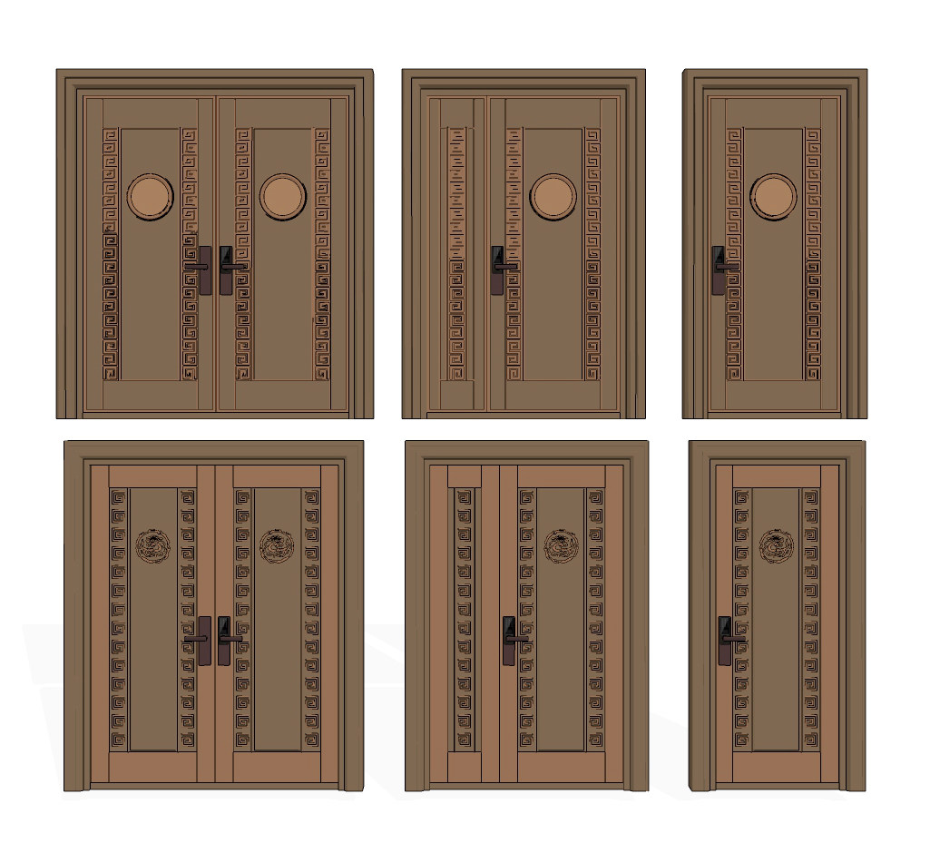 现代新中式单元收入户门，铜门，子母门su草图模型下载