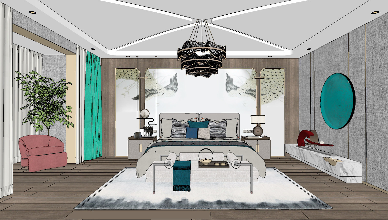 现代卧室主人房，双人床，床头柜su草图模型下载