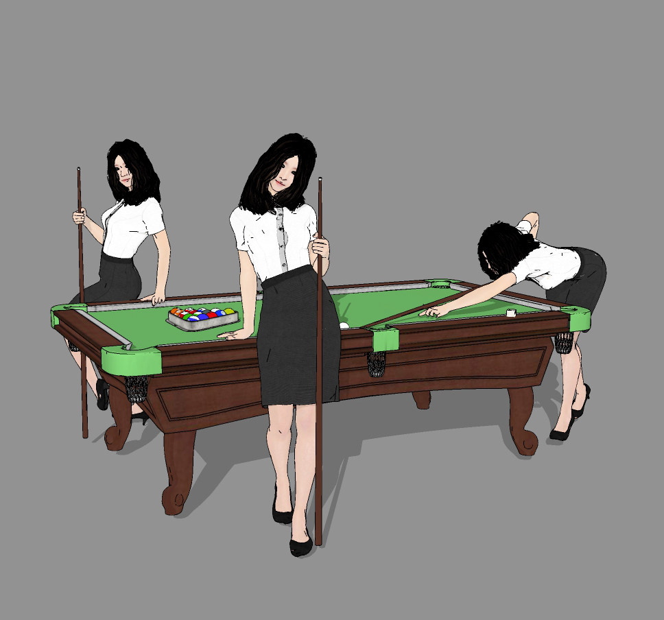 现代台球桌美女人物，打台球的人物su草图模型下载