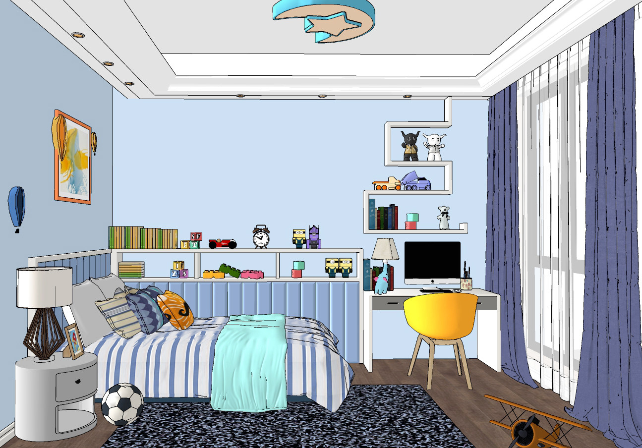 现代儿童房卧室su草图模型下载