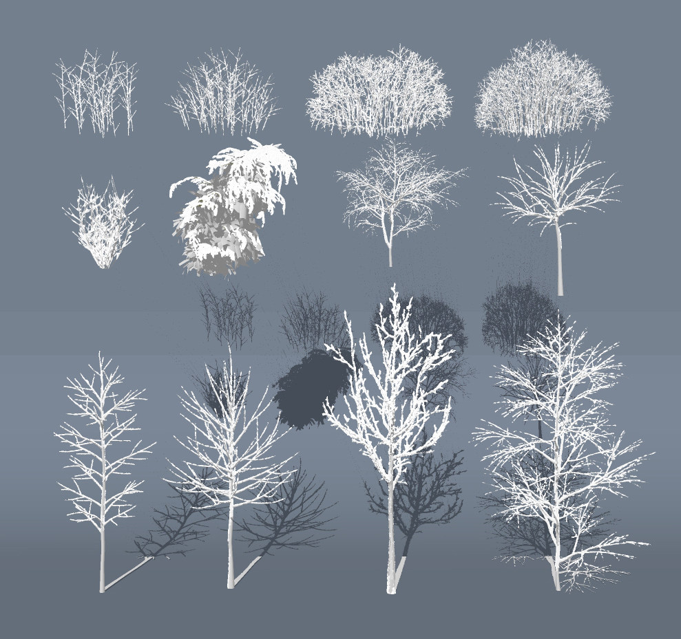 现代树，雪景冬季植物树su草图模型下载