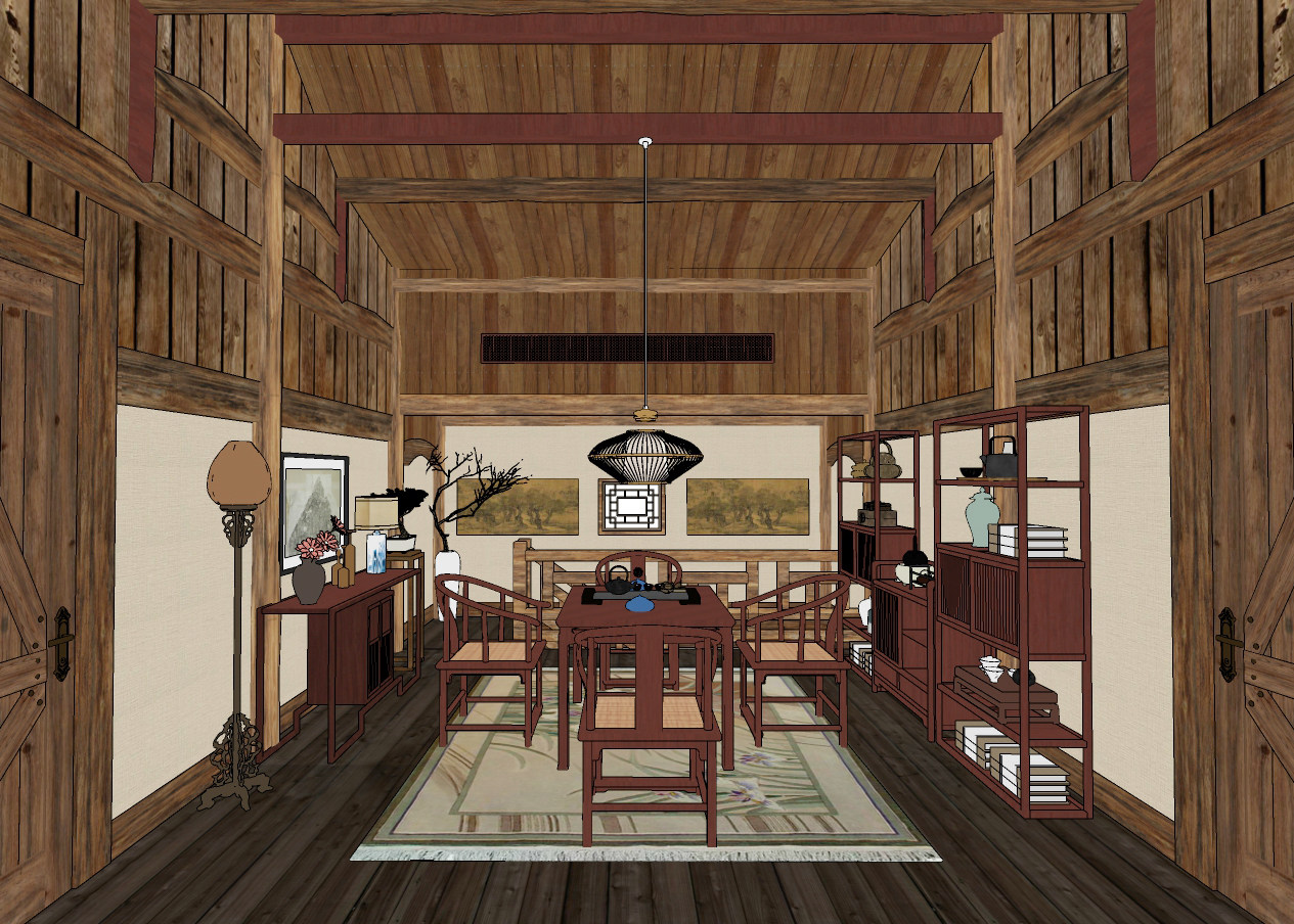 新中式茶室su草图模型下载