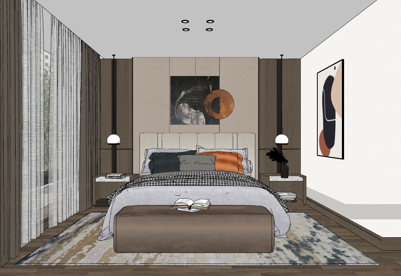 现代主卧室，双人床su草图模型下载