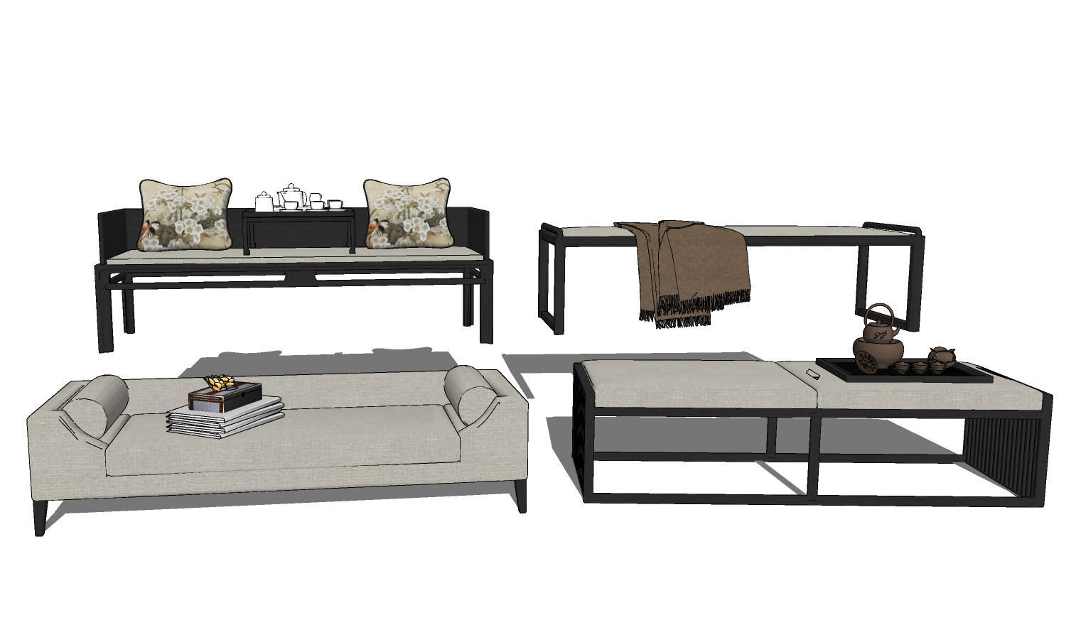 新中式罗汉床沙发，床尾凳组合su草图模型下载