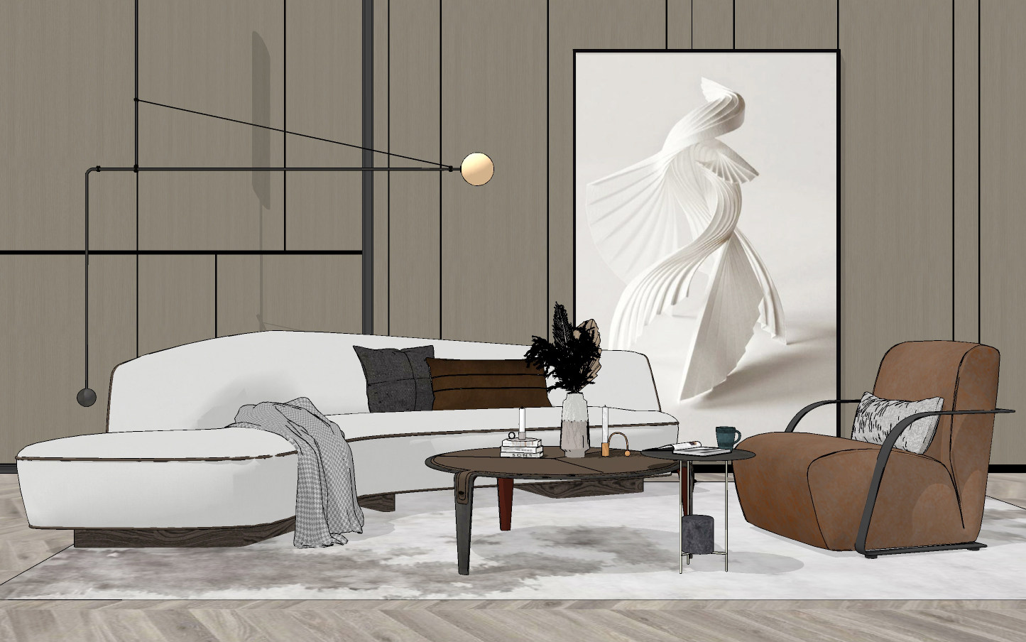 现代异形弧形沙发茶几，单人沙发组合su草图模型下载