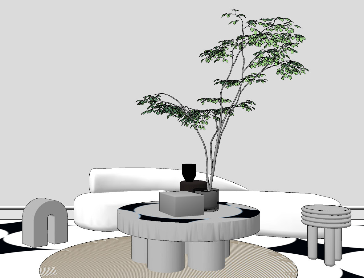 中式户外园艺石桌凳，弧形沙发su草图模型下载