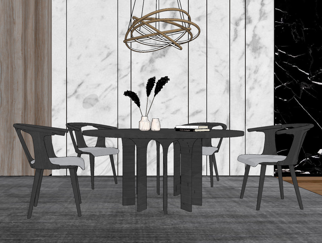 新中式异形圆形餐桌椅子组合su草图模型下载