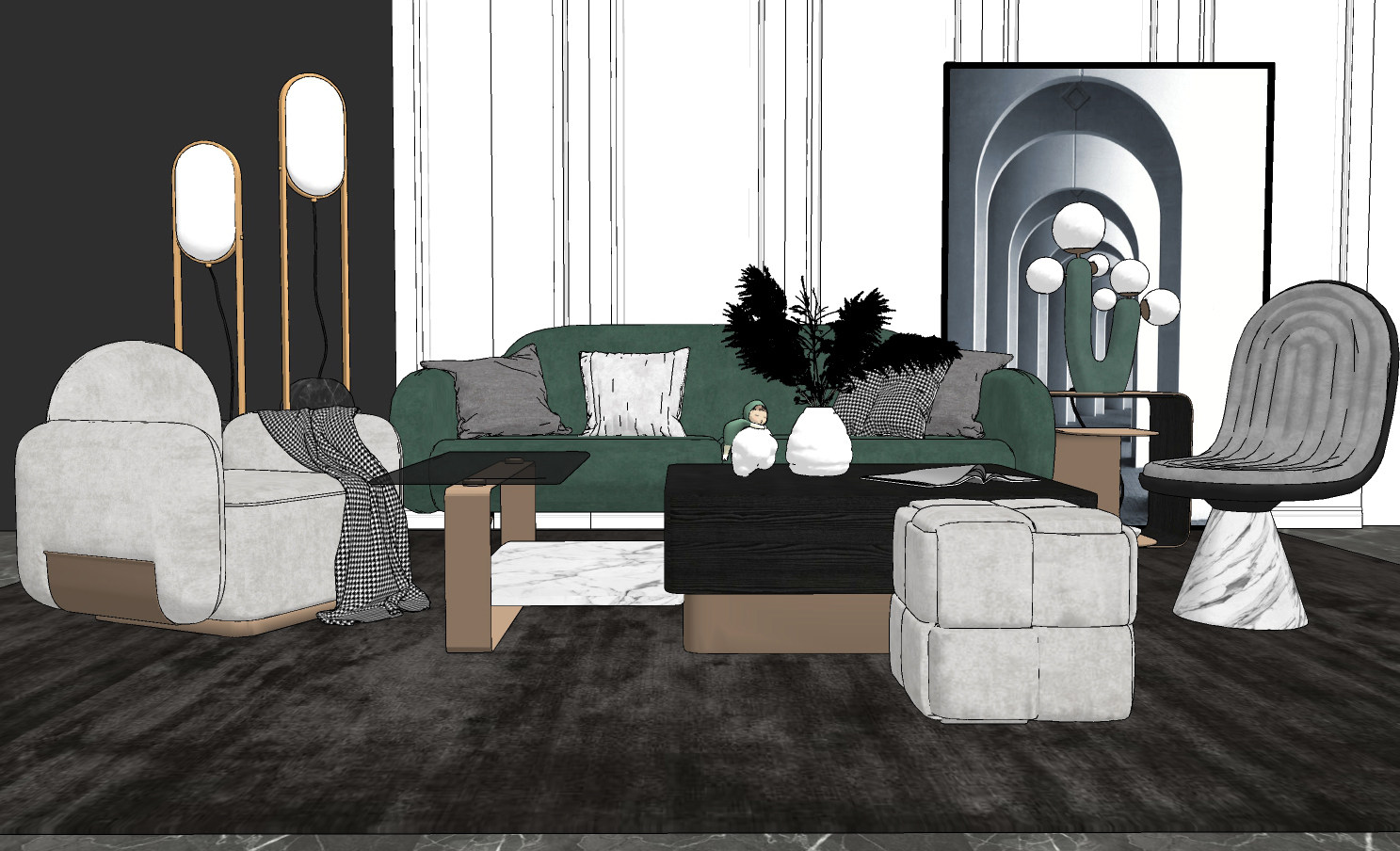 现代沙发茶几组合 装饰画 落地灯