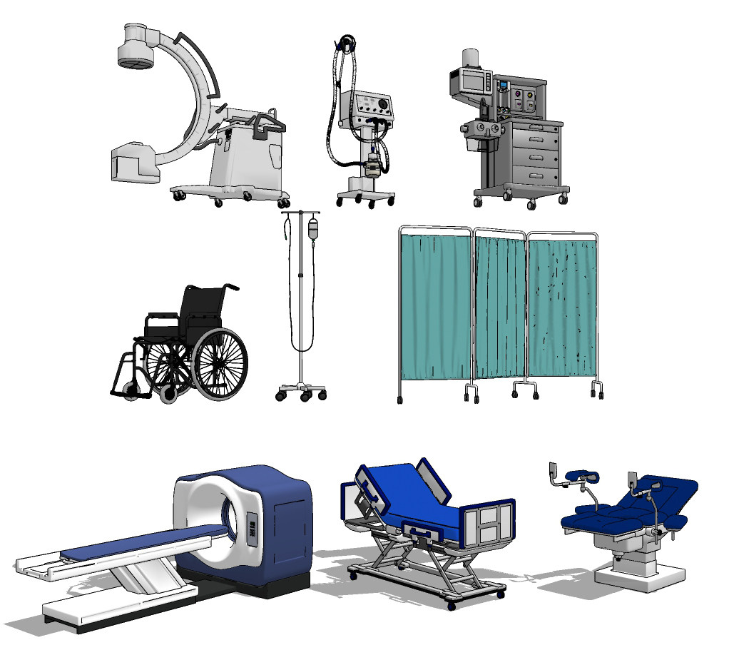 现代病床医疗设备组合su草图模型下载