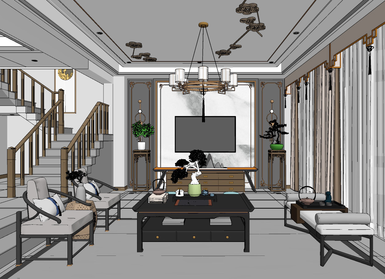 新中式复式别墅客厅su草图模型下载