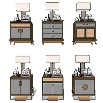 新中式床头柜，台灯组合su草图模型下载