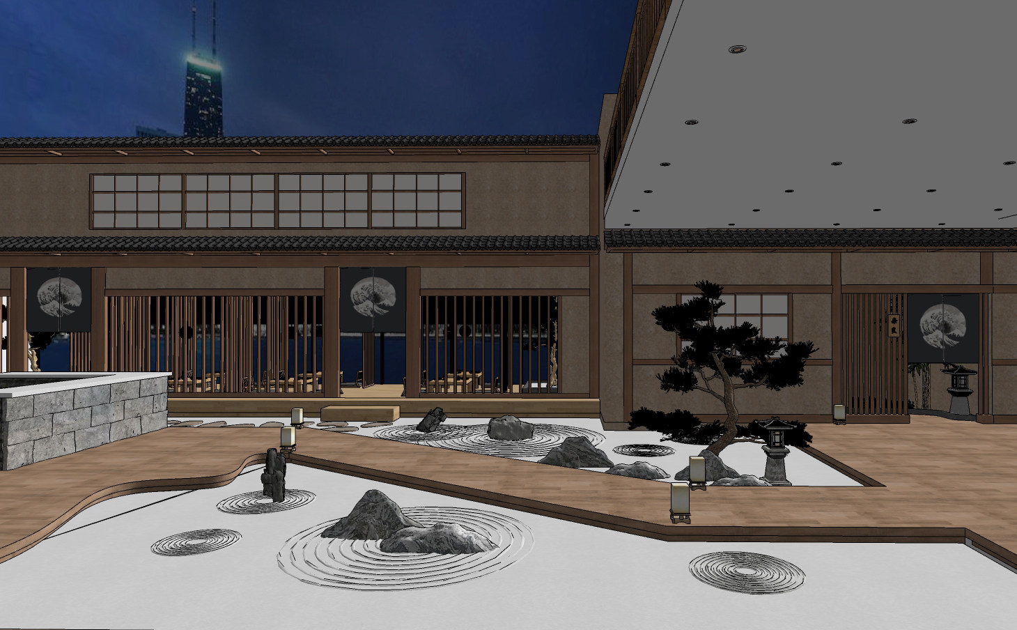日式酒店景观庭院中庭su草图模型下载
