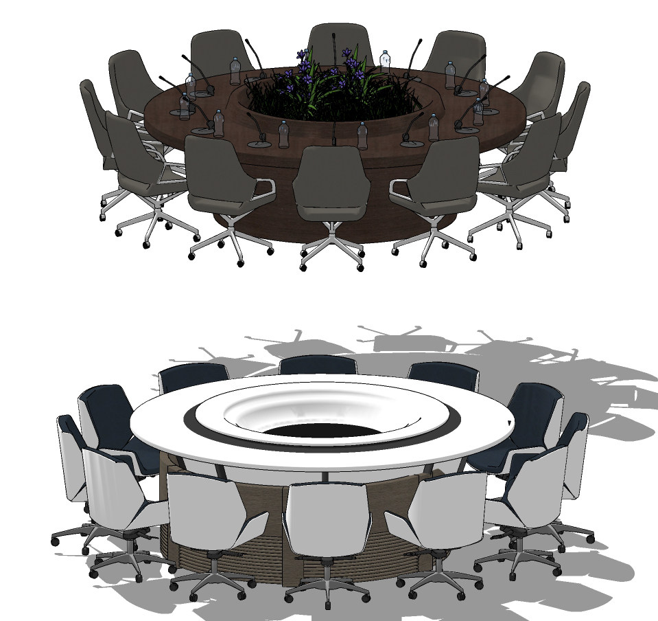 现代圆形会议桌椅su草图模型下载