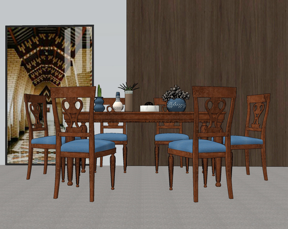 欧式古典圆形餐桌椅su草图模型下载