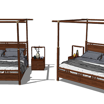 中式古典红木架子床su草图模型下载
