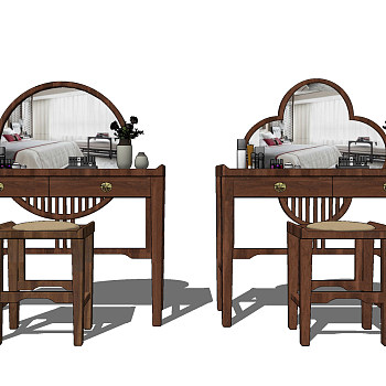 新中式实木梳妆台组合su草图模型下载