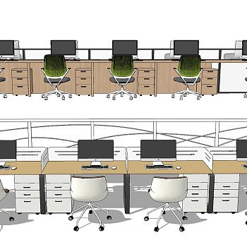 现代办公桌椅卡位，员工工位su草图模型下载