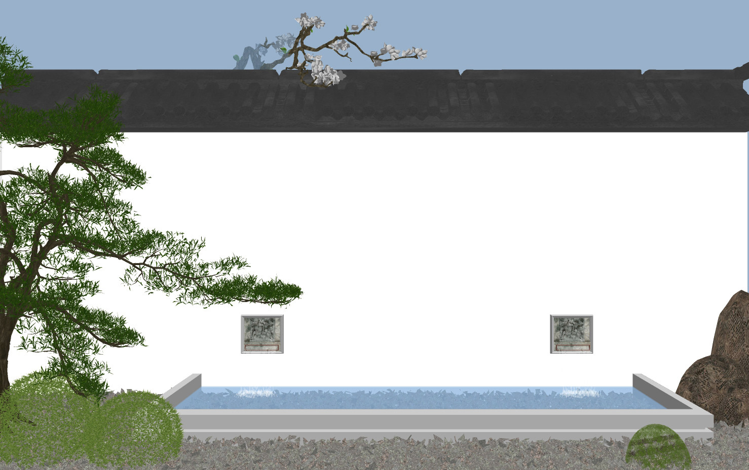新中式庭院景观小品，水景su草图模型下载