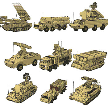现代军事装甲车，导弹，坦克军事武器su草图模型下载