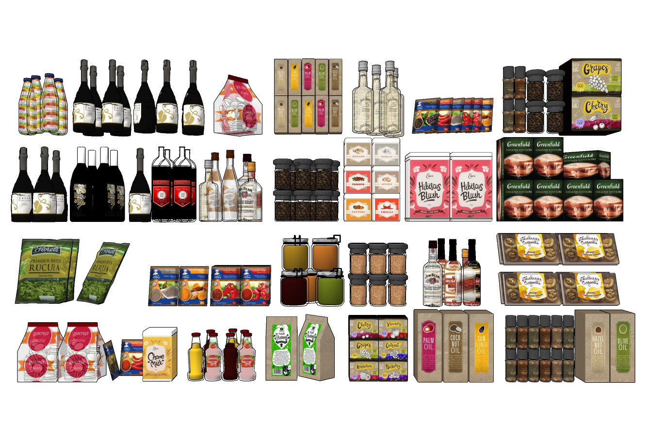 现代超市调料罐头饮料，酒水组合su草图模型下载