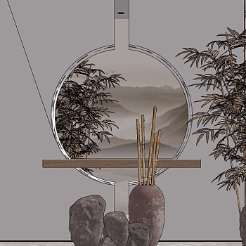 新中式端景，山石园艺小品su草图模型下载