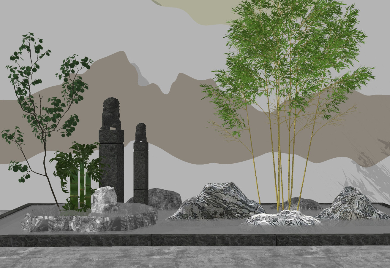 新中式山水景观小品su草图模型下载
