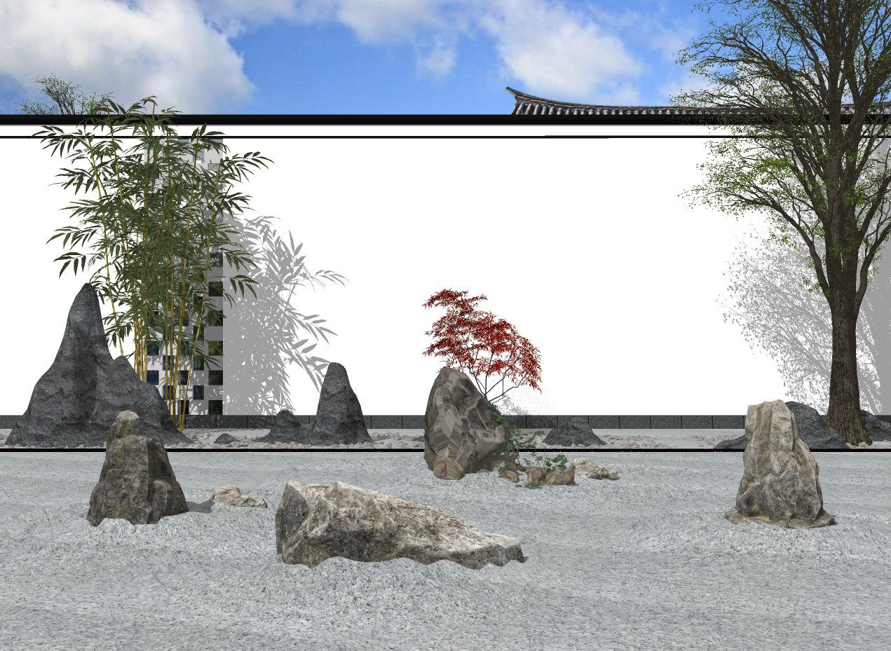 新中式景观庭院石头，竹子su草图模型下载