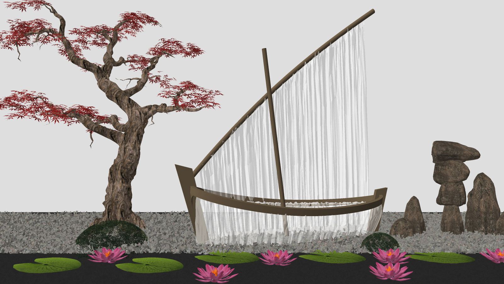 新中式景观小品，船，水景su草图模型下载