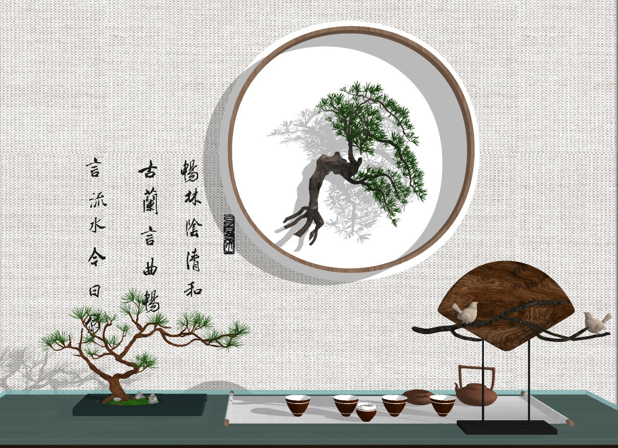 新中式茶壶茶具松树饰品摆件su草图模型下载