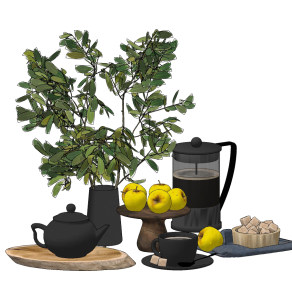 北欧茶具，花瓶，食物组合su草图模型下载