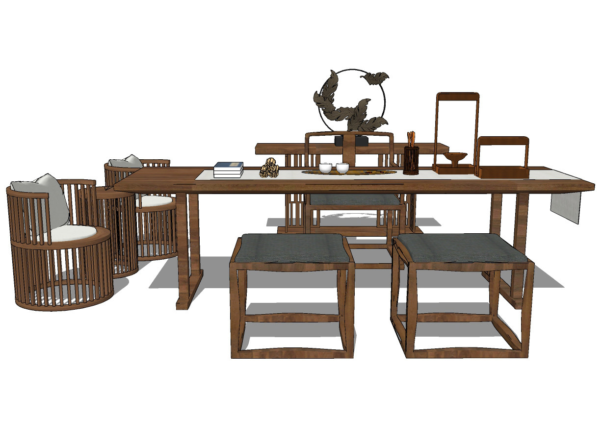 新中式实木书桌椅su草图模型下载