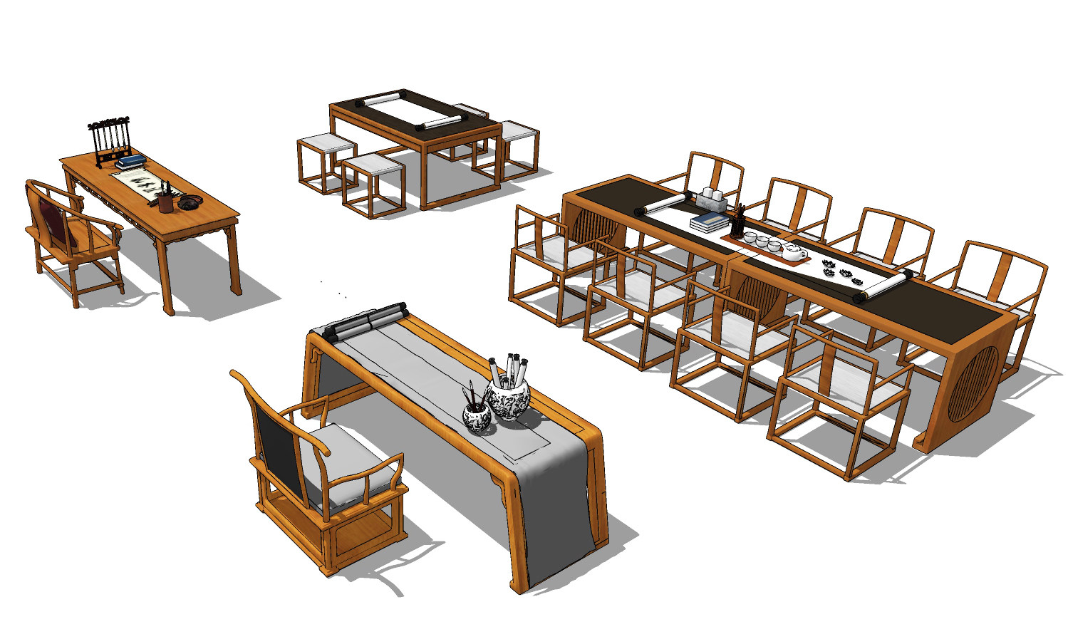 中式书桌椅茶桌椅组合su草图模型下载