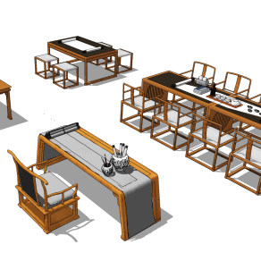 中式书桌椅茶桌椅组合su草图模型下载