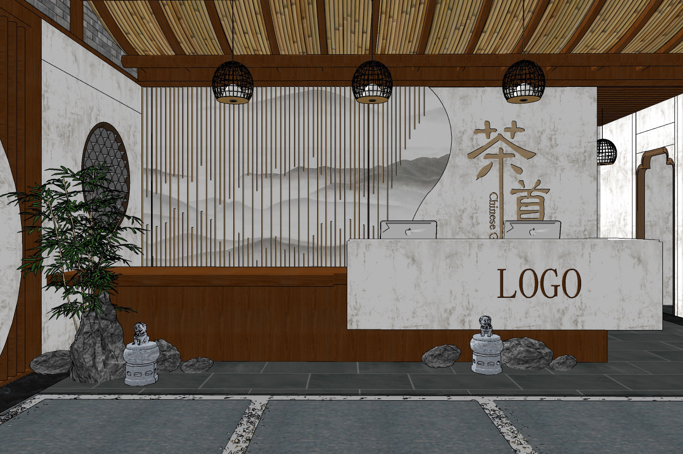 新中式茶馆，茶楼前台接待大厅su草图模型下载